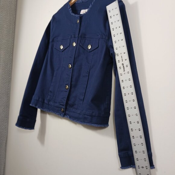 Kim Gravel, Belle, Medium Navy Denim Jacket with Gold Buttons and Frayed Trim - Picture 12 of 15